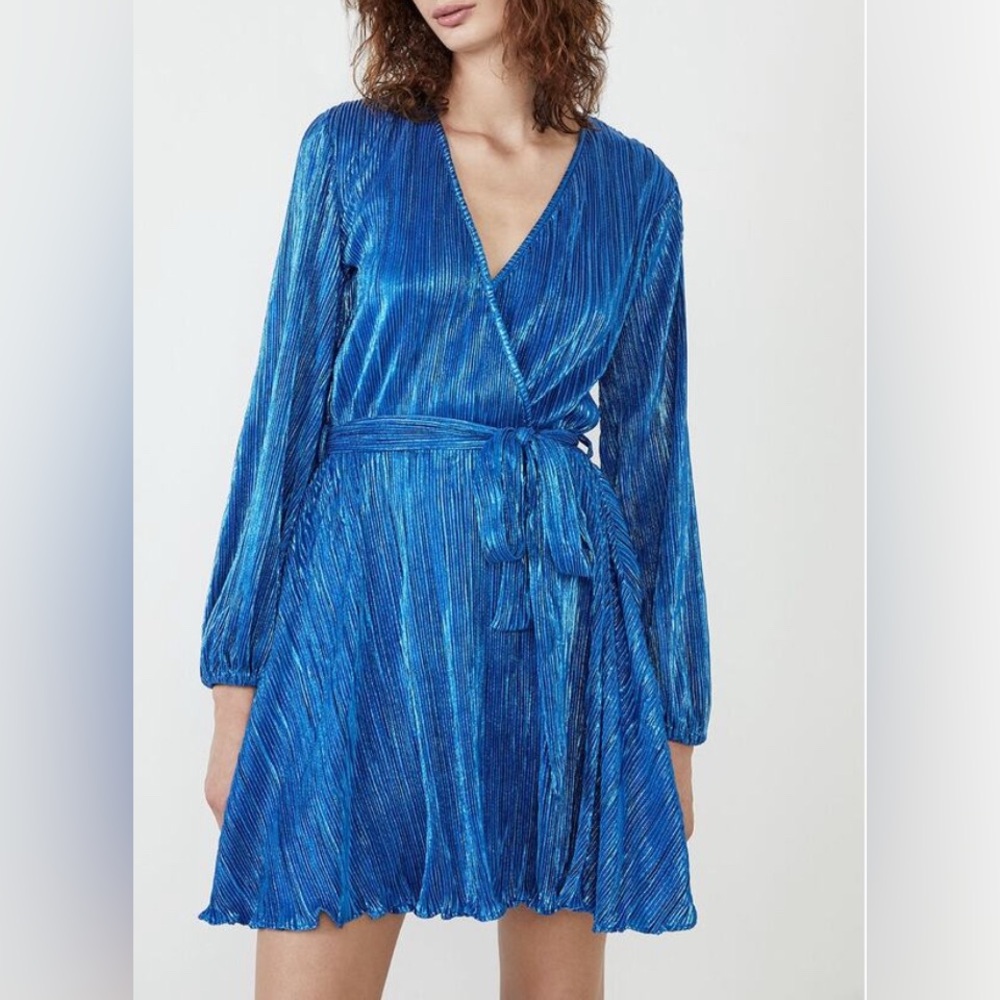 NEW nwt Bardot Bellissa Pleated Faux Wrap Mini Dress Vibrant Blue Metallic - Picture 1 of 8